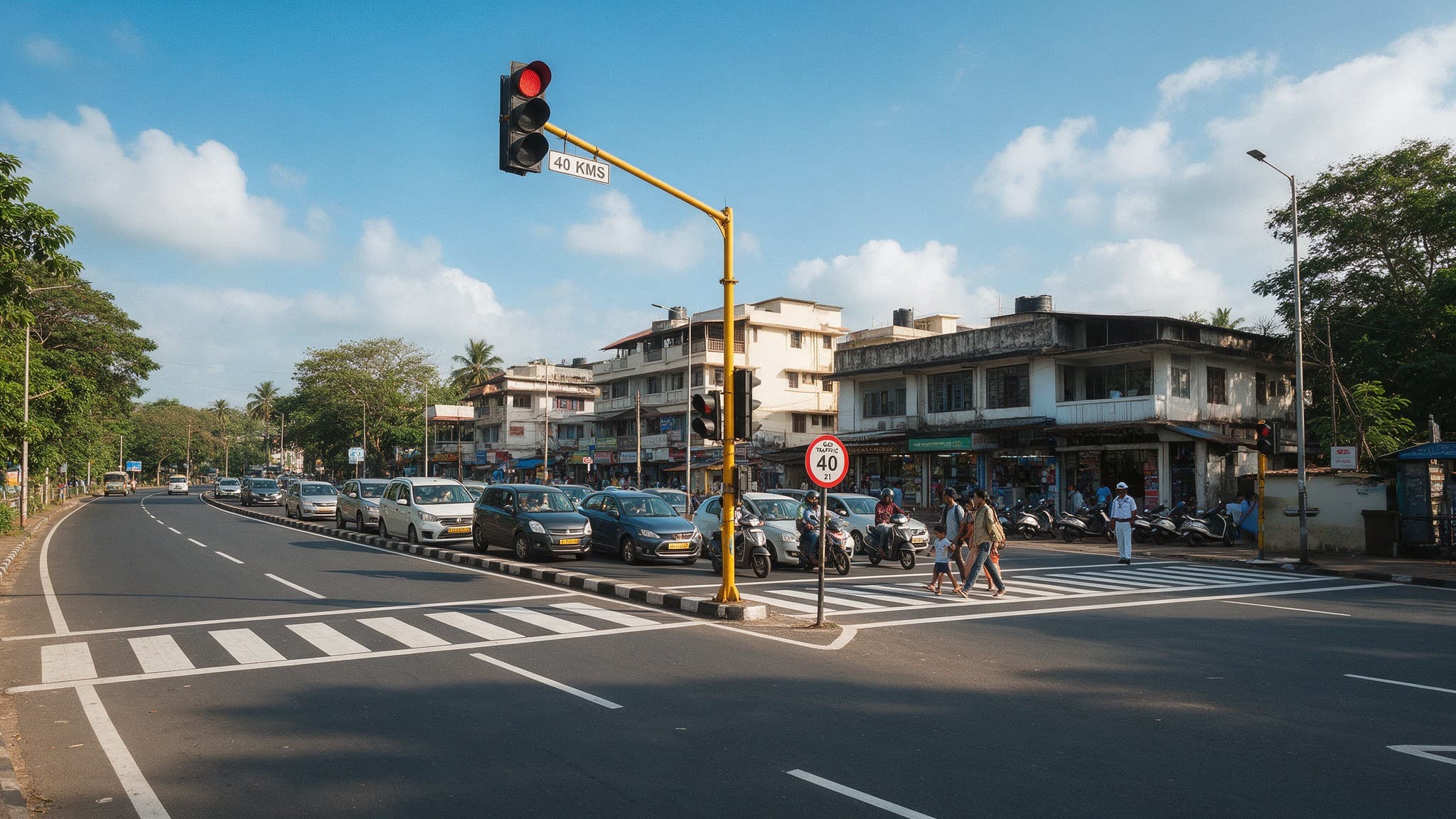 Cars and helmeted riders waiting at a red signal while a family crosses at the zebra crossing of a city junction
