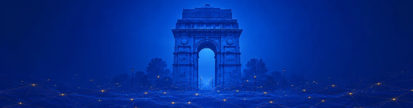 India Gate in blue light over a glowing network of points