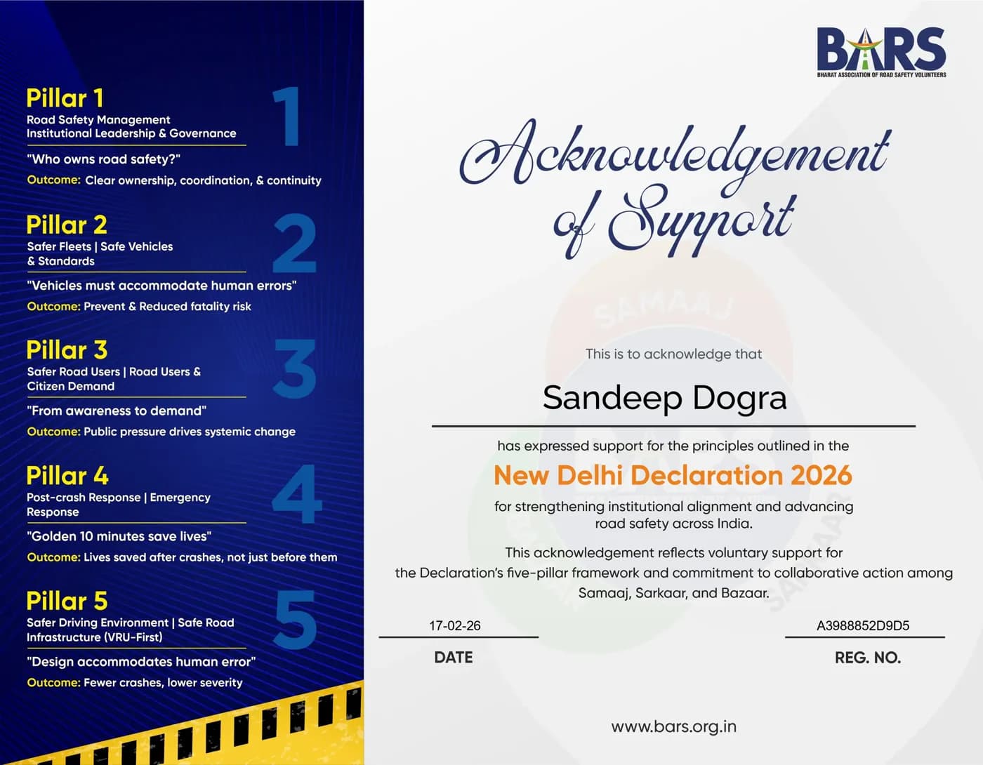 New Delhi Declaration certificate of support for Sandeep Dogra