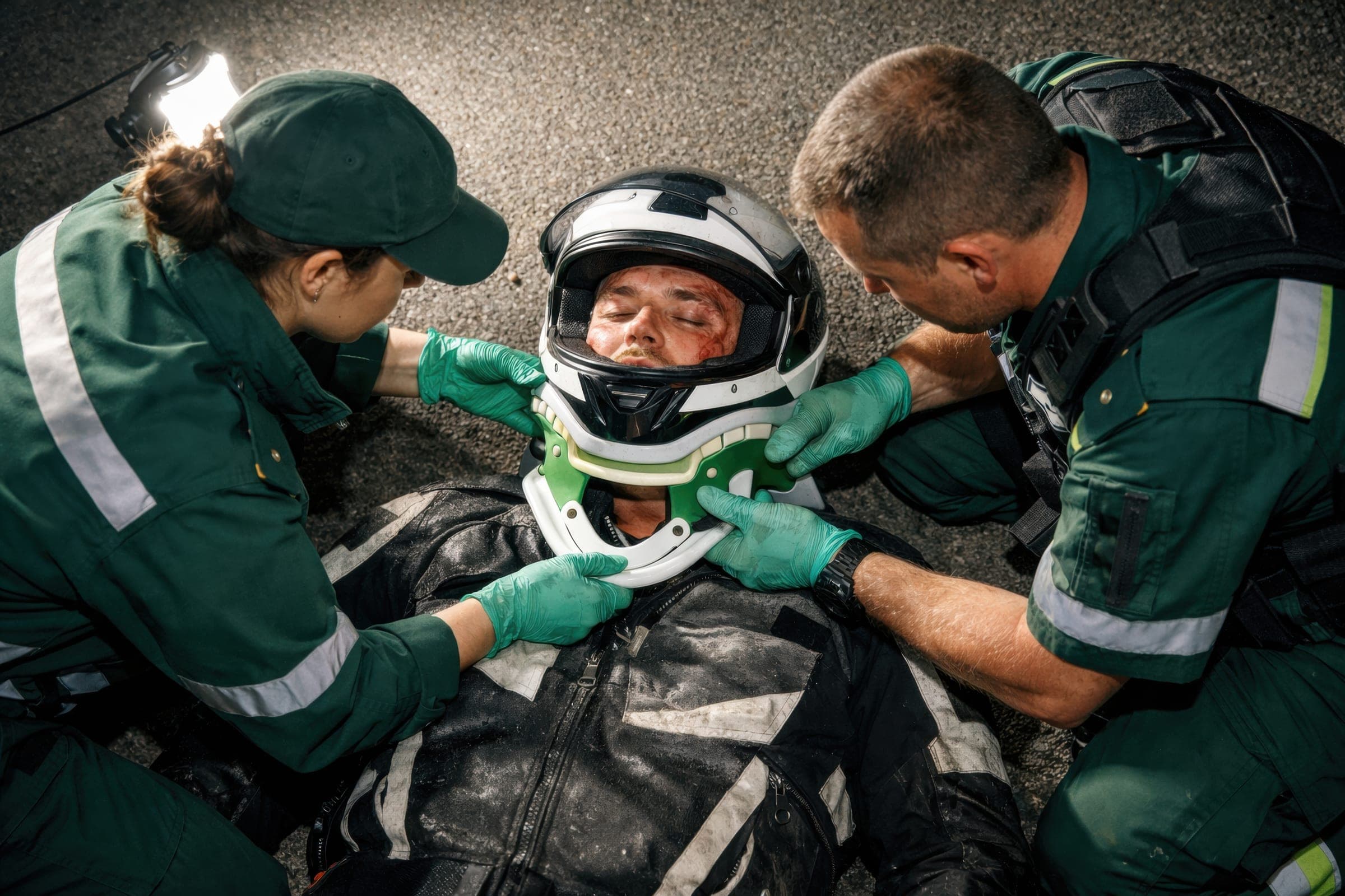 Paramedics stabilising an injured motorcyclist lying on the road